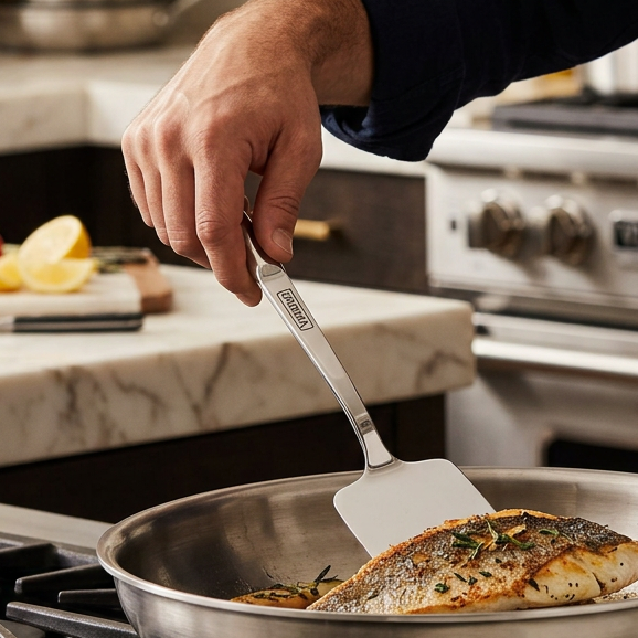 A person uses a Viking 8-Piece Stainless Steel Utensil Set spatula to flip a piece of seared fish in a stainless steel skillet on a stovetop.