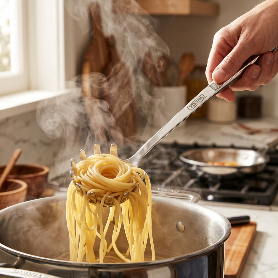 A hand lifts a stainless steel pasta fork from a Viking 8-Piece Stainless Steel Utensil Set, pulling a steaming nest of cooked spaghetti out of a large pot.