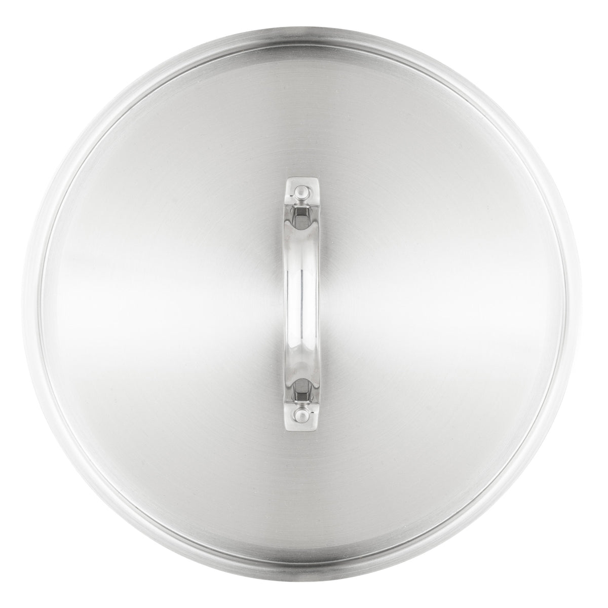 Circular stainless steel Viking Culinary Products Stainless Steel Lid - Fits 24cm Interior Diameter Pan with a central arched handle, viewed from directly above.