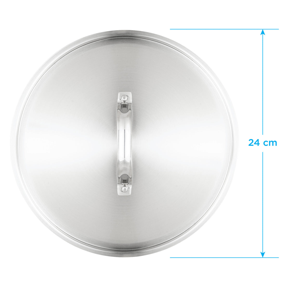 A round Viking Culinary Products Stainless Steel Lid - Fits 24cm Interior Diameter Pan with a central handle, shown from above with blue measurement lines indicating a 24 cm diameter.