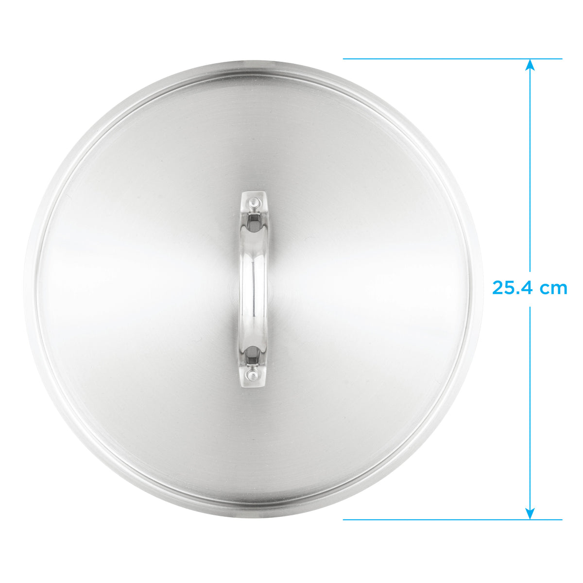 Top-down view of a circular Viking Culinary Products Stainless Steel Lid - Fits 18cm Interior Diameter Pan, with a measurement graphic showing a total diameter of 25.4 cm.