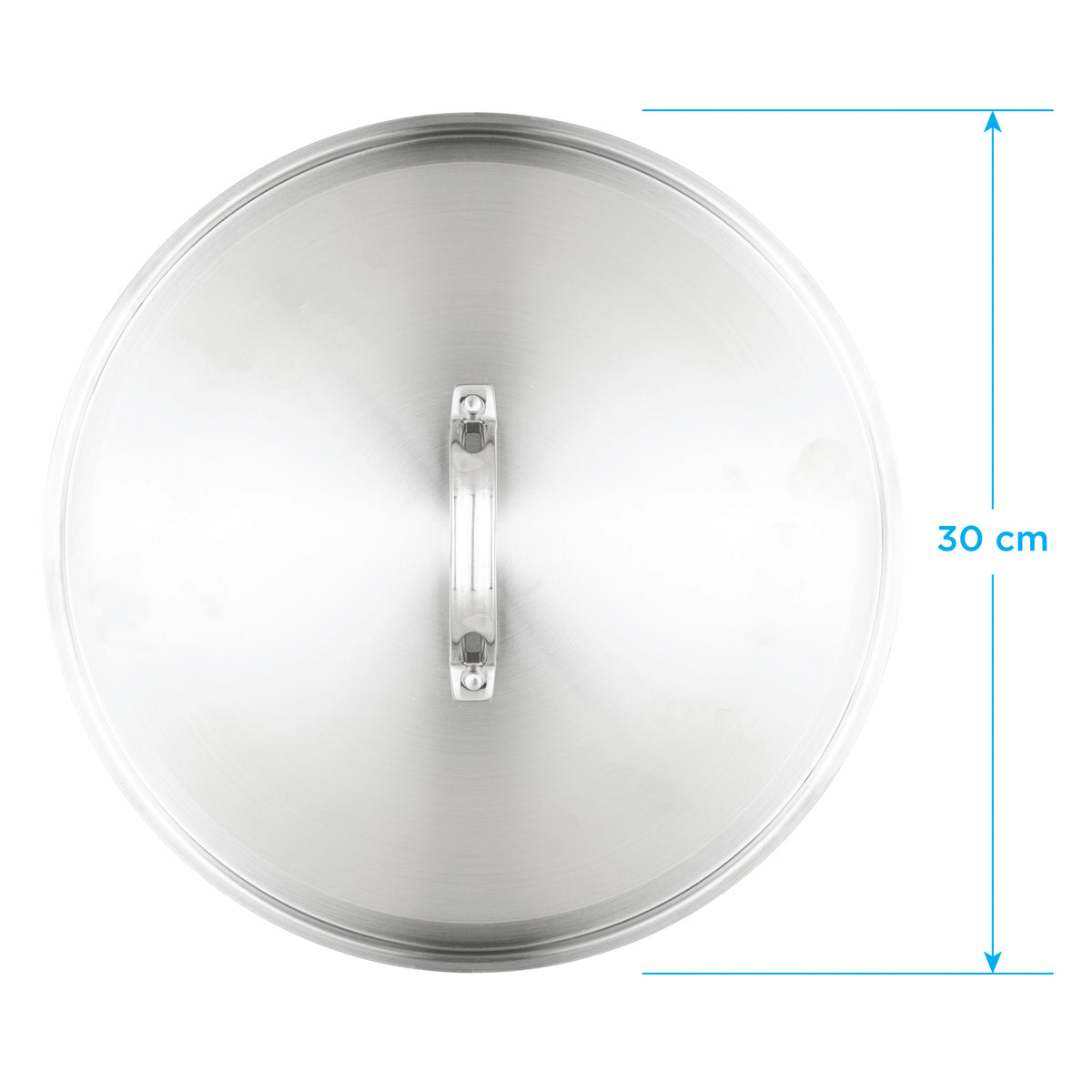Viking Culinary Products Stainless Steel Lid - Fits 30cm Interior Diameter Pan shown as a circular stainless steel lid with a center handle and a dimension line indicating a 30 cm diameter.