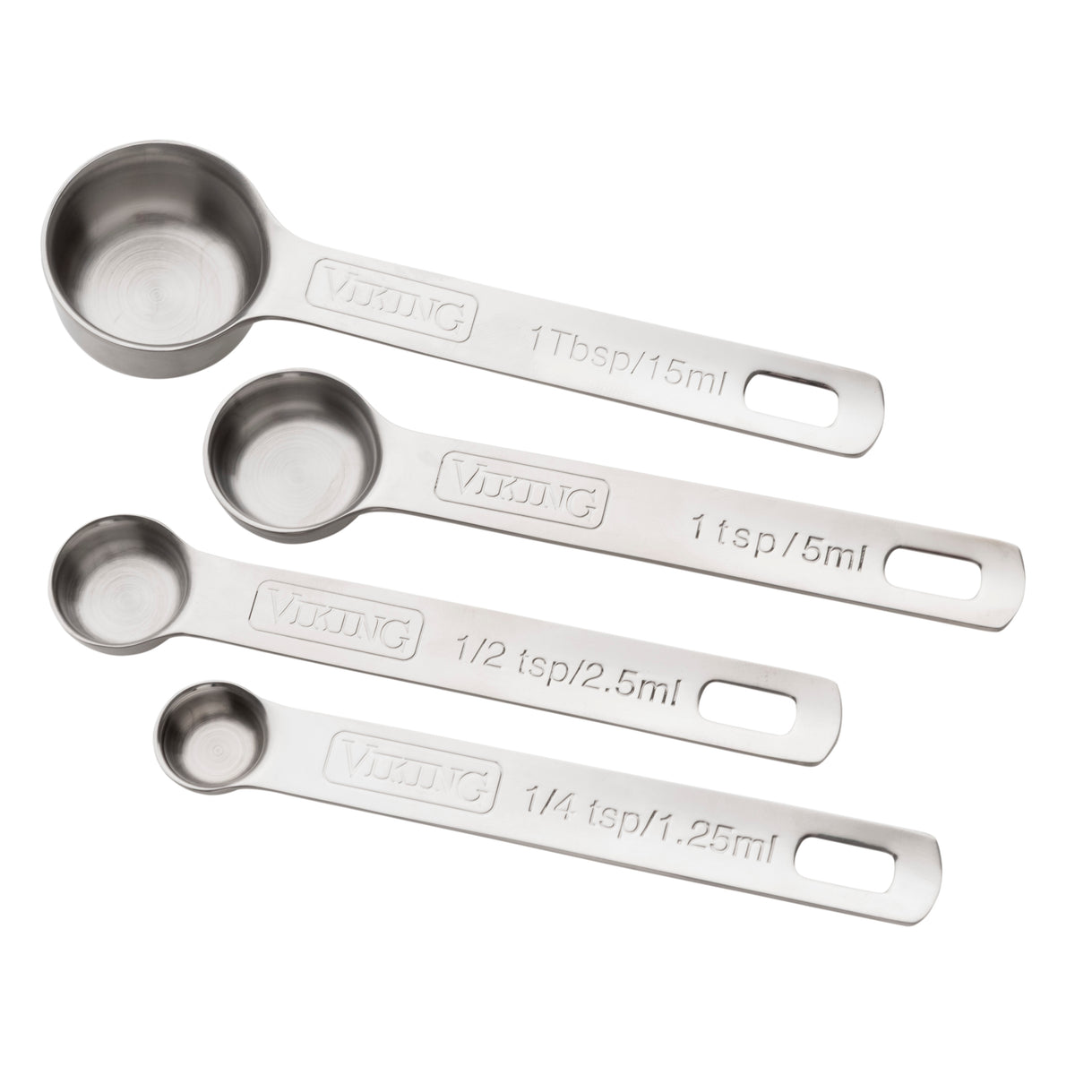 The Viking 4pc Stainless Steel Measuring Spoon Set by Viking Culinary Products includes dishwasher safe spoons (1 tbsp, 1 tsp, 1/2 tsp, 1/4 tsp) with engraved tablespoon and milliliter measures and a nesting design for easy storage.