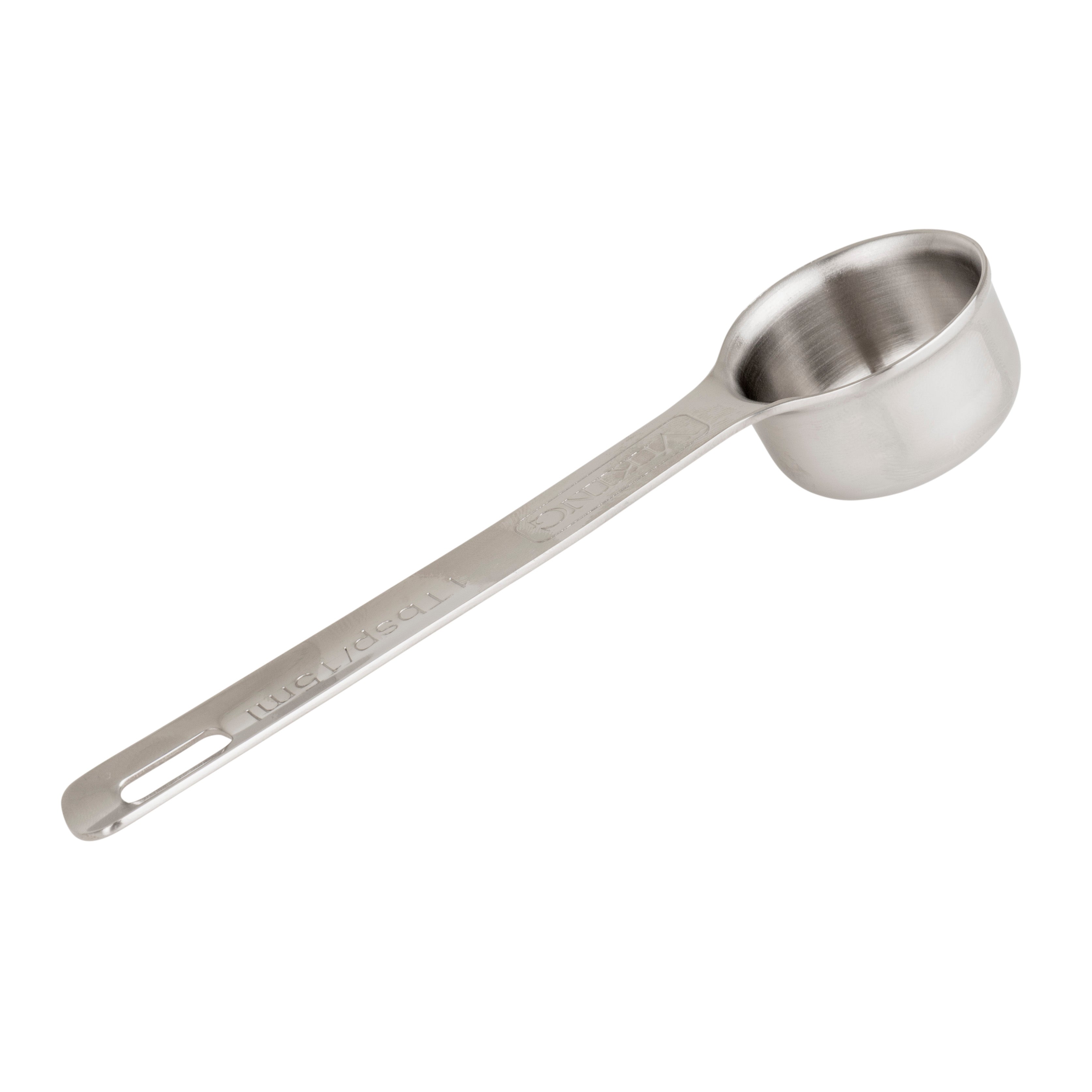 The Viking 4pc Stainless Steel Measuring Spoon Set by Viking Culinary Products features long handles and clear measurement units. Dishwasher safe and easy to clean, the spoons are displayed on a white background.