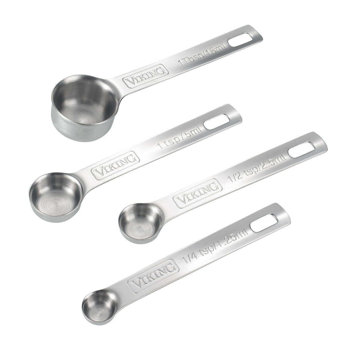 The Viking Culinary Products 4-piece Stainless Steel Measuring Spoon Set features 1 tbsp, 1 tsp, 1/2 tsp, and 1/4 tsp spoons with a nesting design; dishwasher safe and shown arranged on a white background.