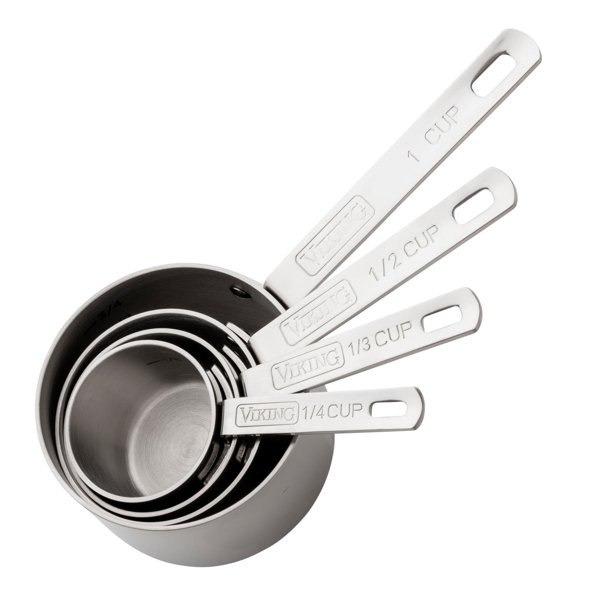 The Viking Stainless Steel Measuring Cup Set by Viking Culinary Products includes 1 cup, 1/2 cup, 1/3 cup, and 1/4 cup sizes. Stacked with fanned handles, these durable cups are dishwasher safe for hassle-free cleaning.