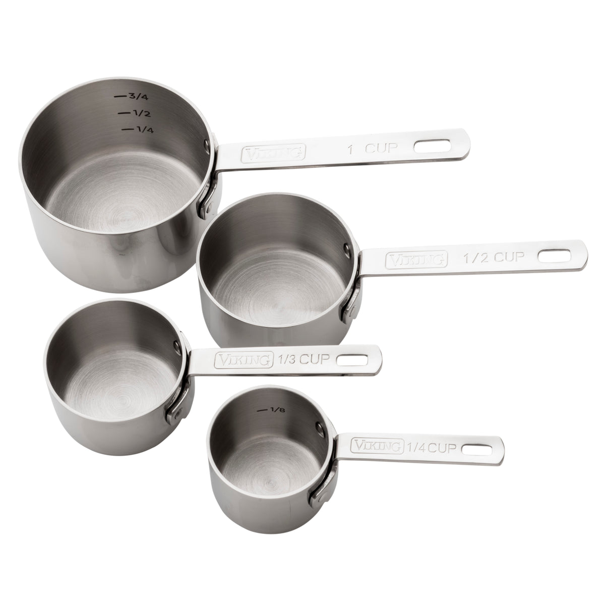 The Viking Stainless Steel Measuring Cup Set by Viking Culinary Products includes 1 cup, 1/2 cup, 1/3 cup, and 1/4 cup cups with engraved handles. These nesting cups are dishwasher safe and are shown arranged on a white background.