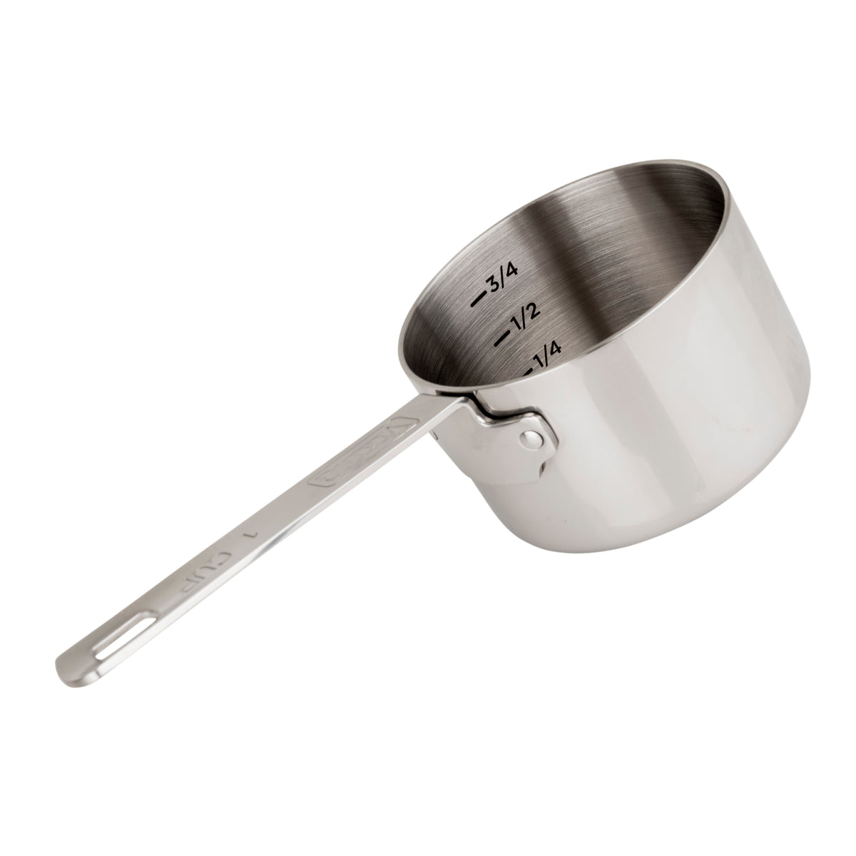 The Viking Stainless Steel Measuring Cup Set by Viking Culinary Products features nesting cups with handles and interior markings for 1/4, 1/2, and 3/4 cups. Dishwasher safe for easy cleaning.