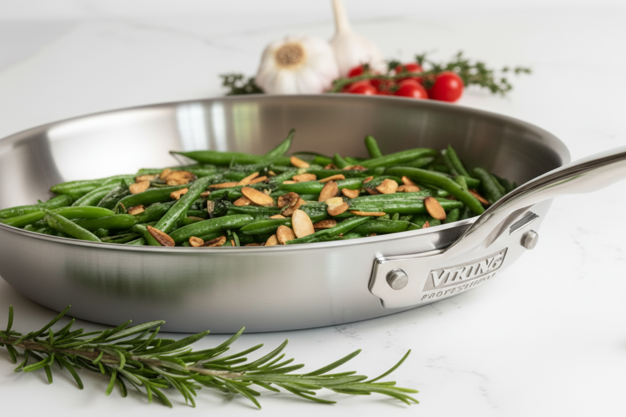 A stainless steel skillet filled with green beans sautéed with sliced garlic. Fresh rosemary, cherry tomatoes, and garlic bulbs are in the background on a white countertop.