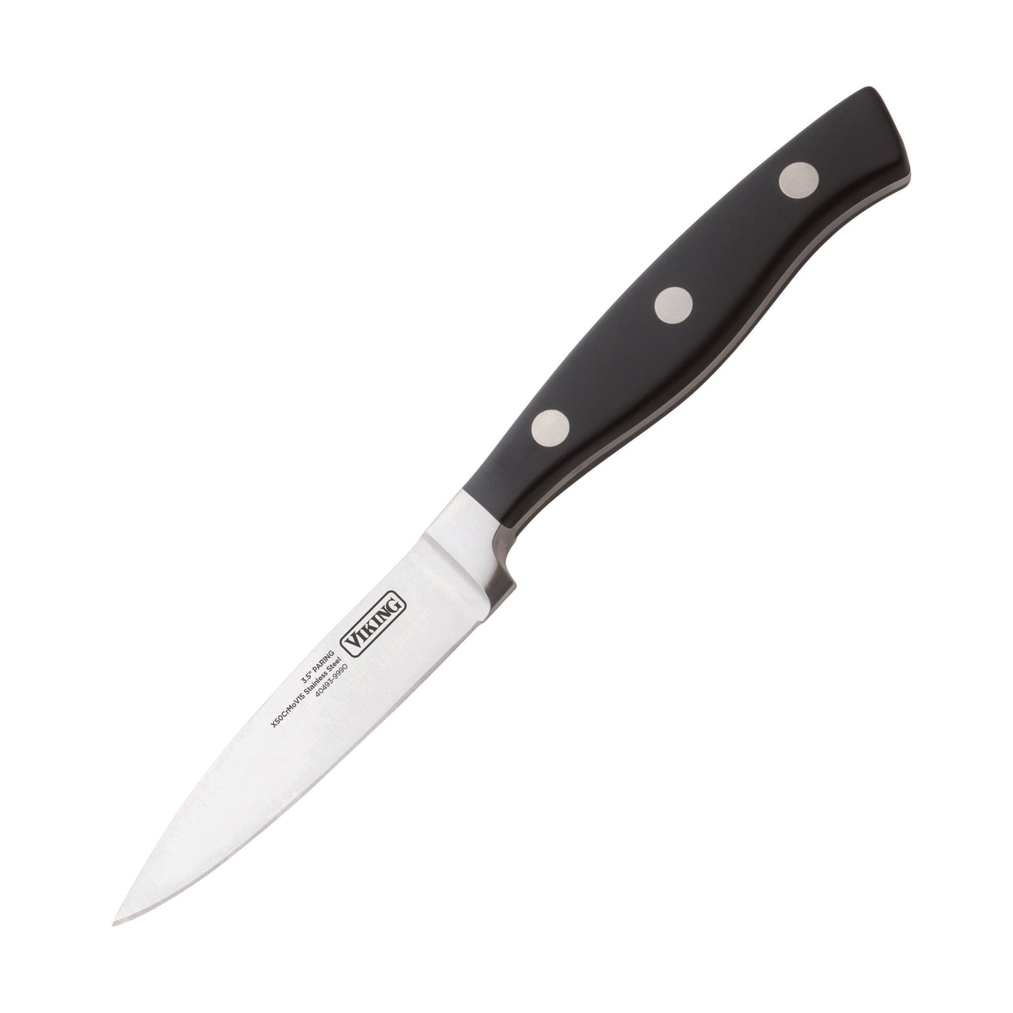 The Viking 10-Piece True Forged Cutlery Set with Block from Viking Culinary Products features forged stainless steel blades and black ergonomic handles with three rivets—an essential, stylish upgrade for any kitchen collection.