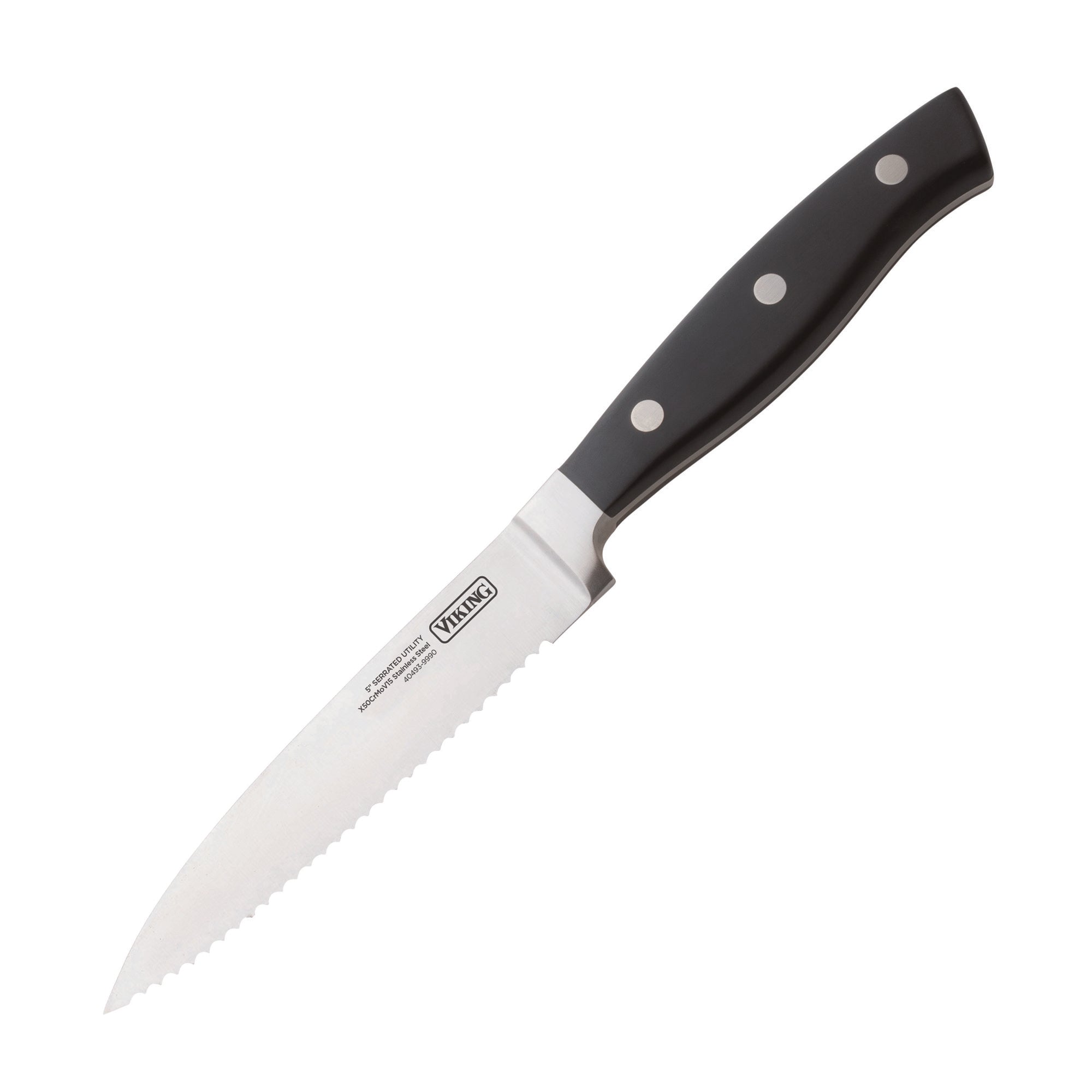 The Viking Culinary Products 10-Piece True Forged Cutlery Set features chef knives with serrated stainless steel blades and black, triple-riveted handles, displayed against a white background.