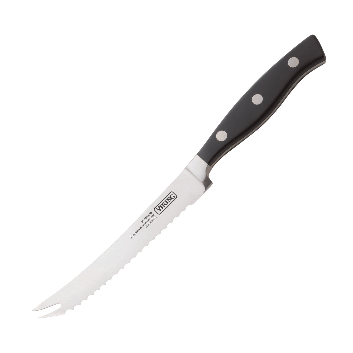 A serrated stainless steel knife from the Viking 10-Piece True Forged Cutlery Set features a black handle with three rivets, a pointed two-pronged tip, and displays the Viking Culinary Products logo and text on the blade.