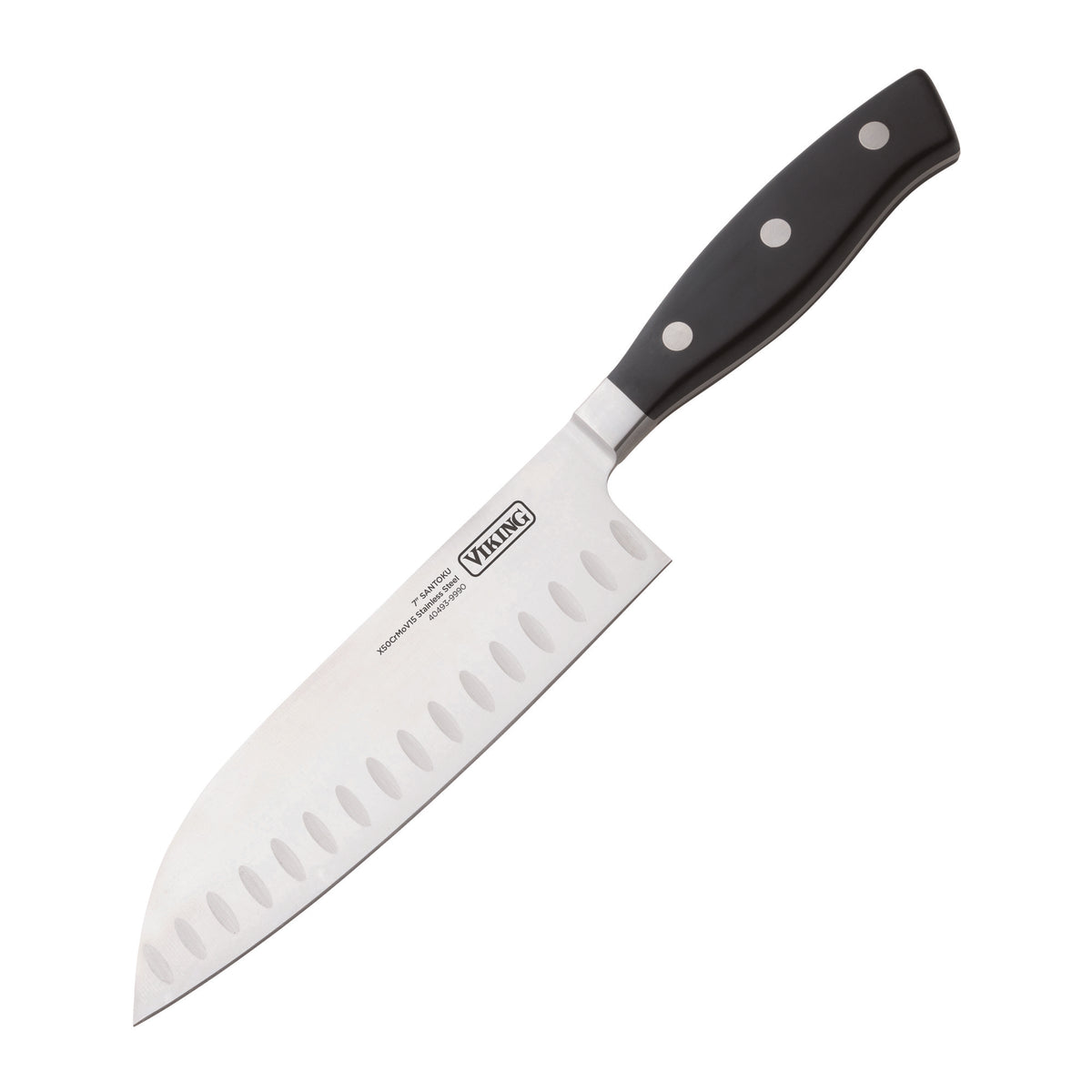 A Viking Culinary Products 10-Piece True Forged Cutlery Set chef knife, featuring a black-riveted handle and dimpled stainless steel blade, is displayed on a plain white background.