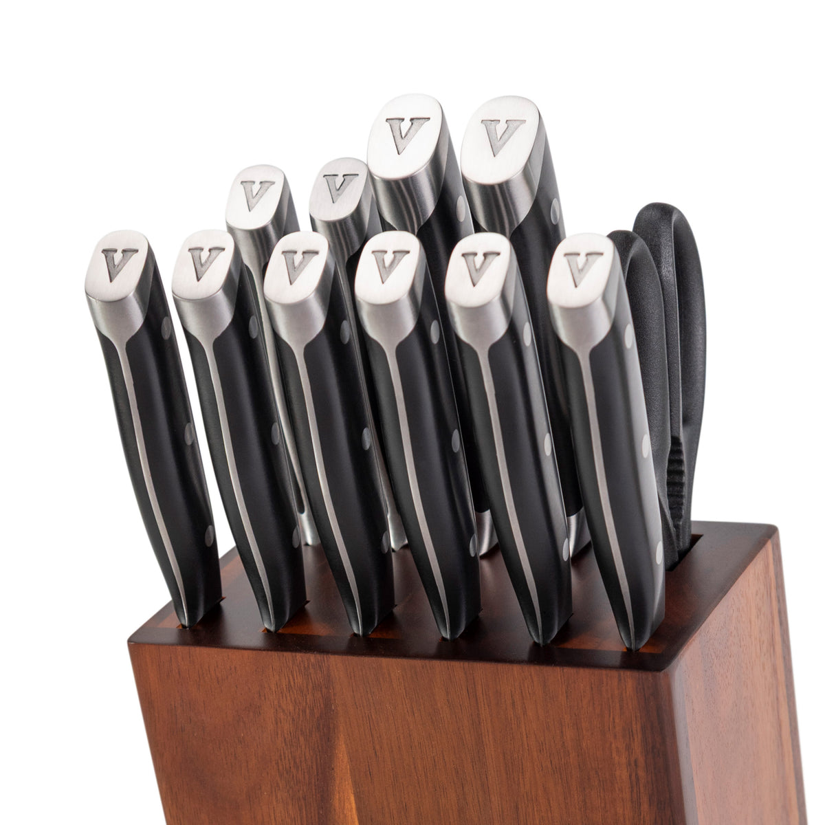 The Viking 12-Piece Stainless Steel Forged Cutlery Block Set by Viking Culinary Products features black-handled knives and kitchen shears in a wooden block, with metal ends and a V logo. Includes chef's and steak knives for versatile meal prep.