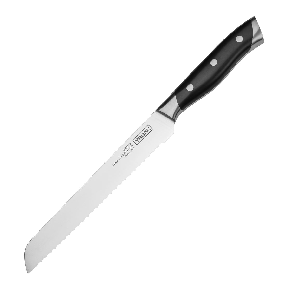 The Viking Culinary Products 12-Piece Stainless Steel Forged Cutlery Block Set includes a serrated bread knife with a high carbon stainless steel blade and a black, triple-riveted handle, displayed on a white background.
