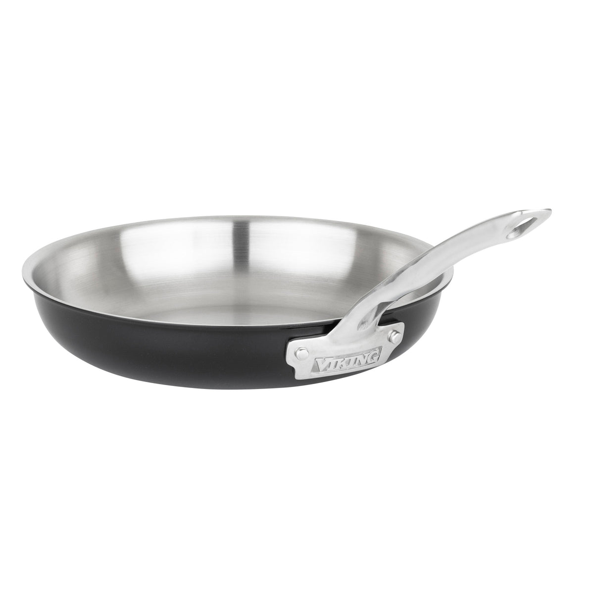 The Viking Culinary Products 12pc 3-Ply Cast Black Exterior Stainless Steel Cookware Set with Metal Lids features a shiny silver interior, black exterior, sturdy metal handles, and is PFAS free, shown on a white background.