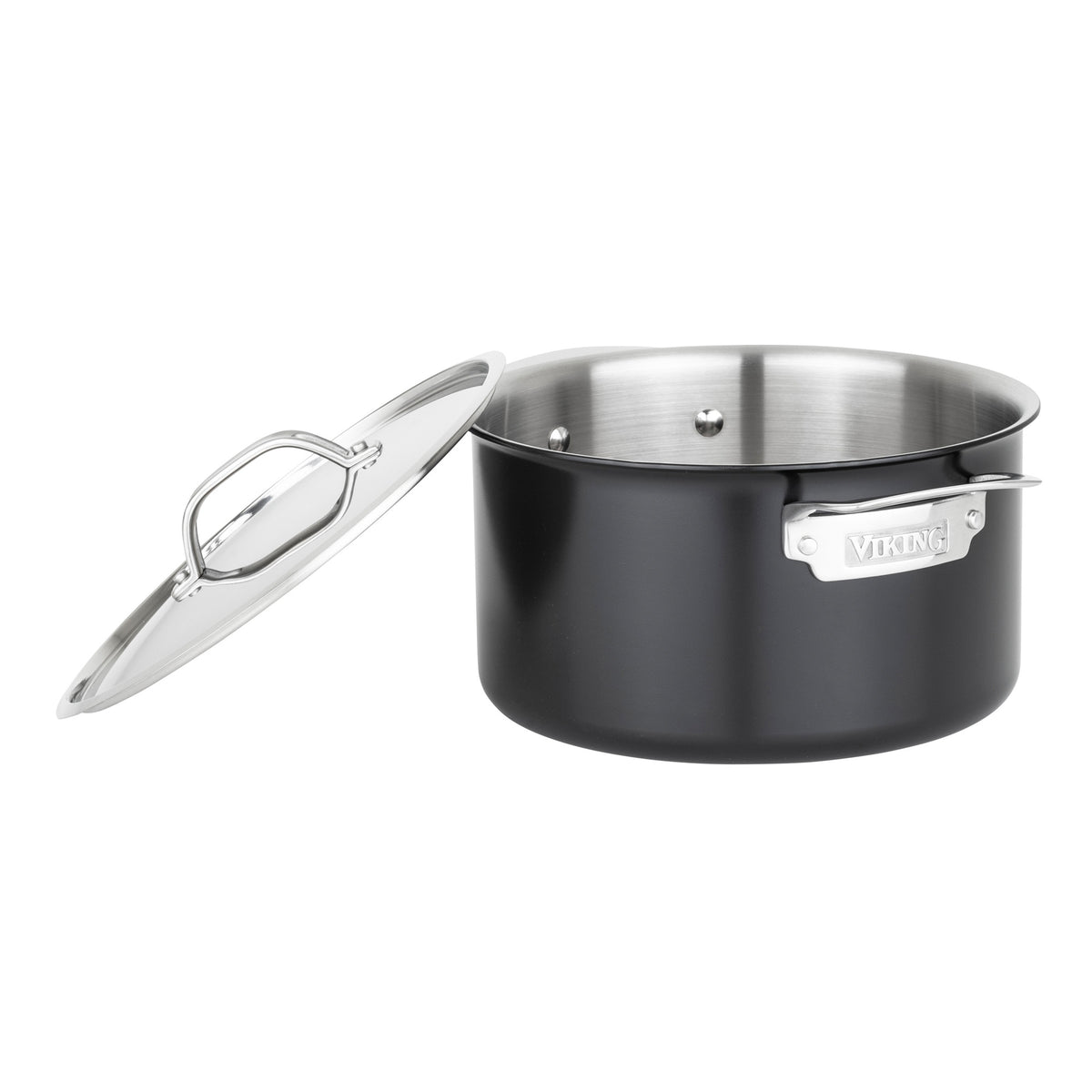 A Viking Culinary 12pc 3-Ply Cast Black Exterior Stainless Steel Cookware Set with metal lids, featuring induction compatibility, PFAS-free interior, and the Viking logo on the handle. A pot is shown in black and silver, slightly tilted with its matching lid.