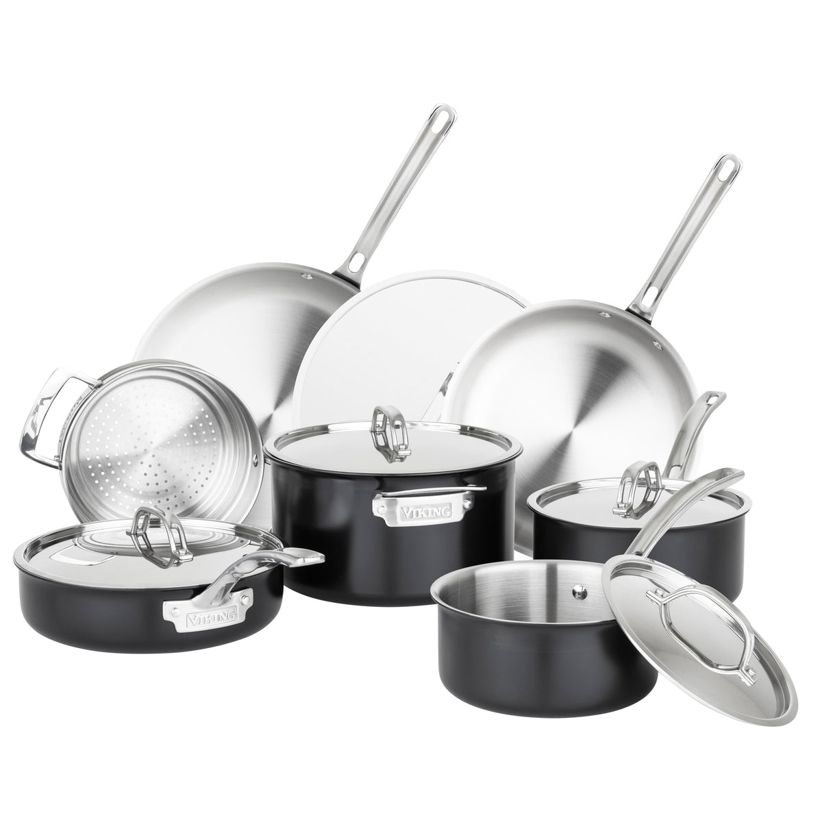 The Viking Culinary Products 12pc 3-Ply Cast Black Exterior Stainless Steel Cookware Set includes metal lids, three saucepans, two frying pans, a sauté pan, and a steamer insert. It's PFAS free and induction compatible for versatile cooking.