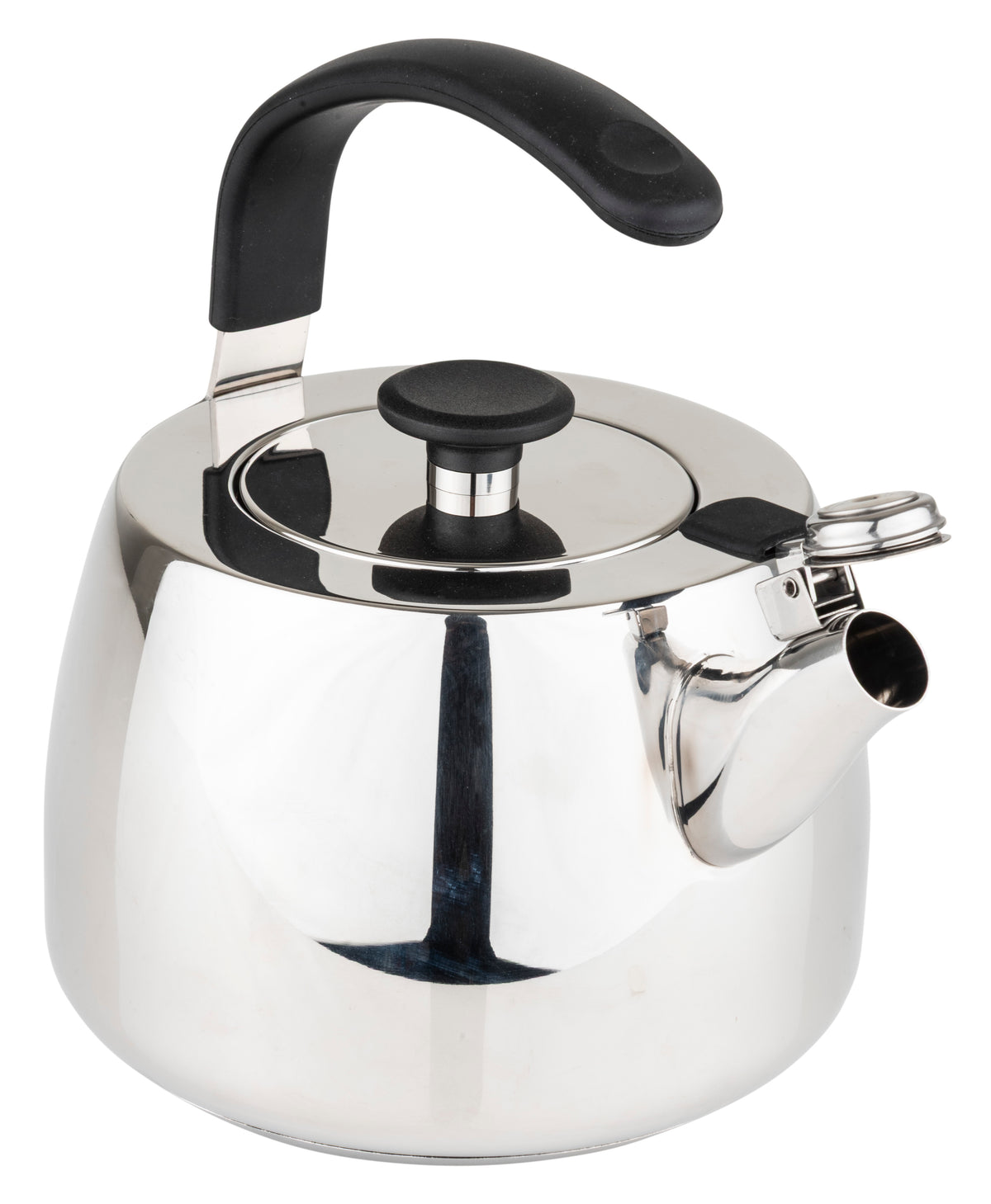 The Viking 2.6 Qt Stainless Steel Modern Teakettle with a 3-ply base from Viking Culinary Products shines in mirror-finish stainless steel, featuring a black handle and lid, and a spout with a hinged cover, all set against a white background.