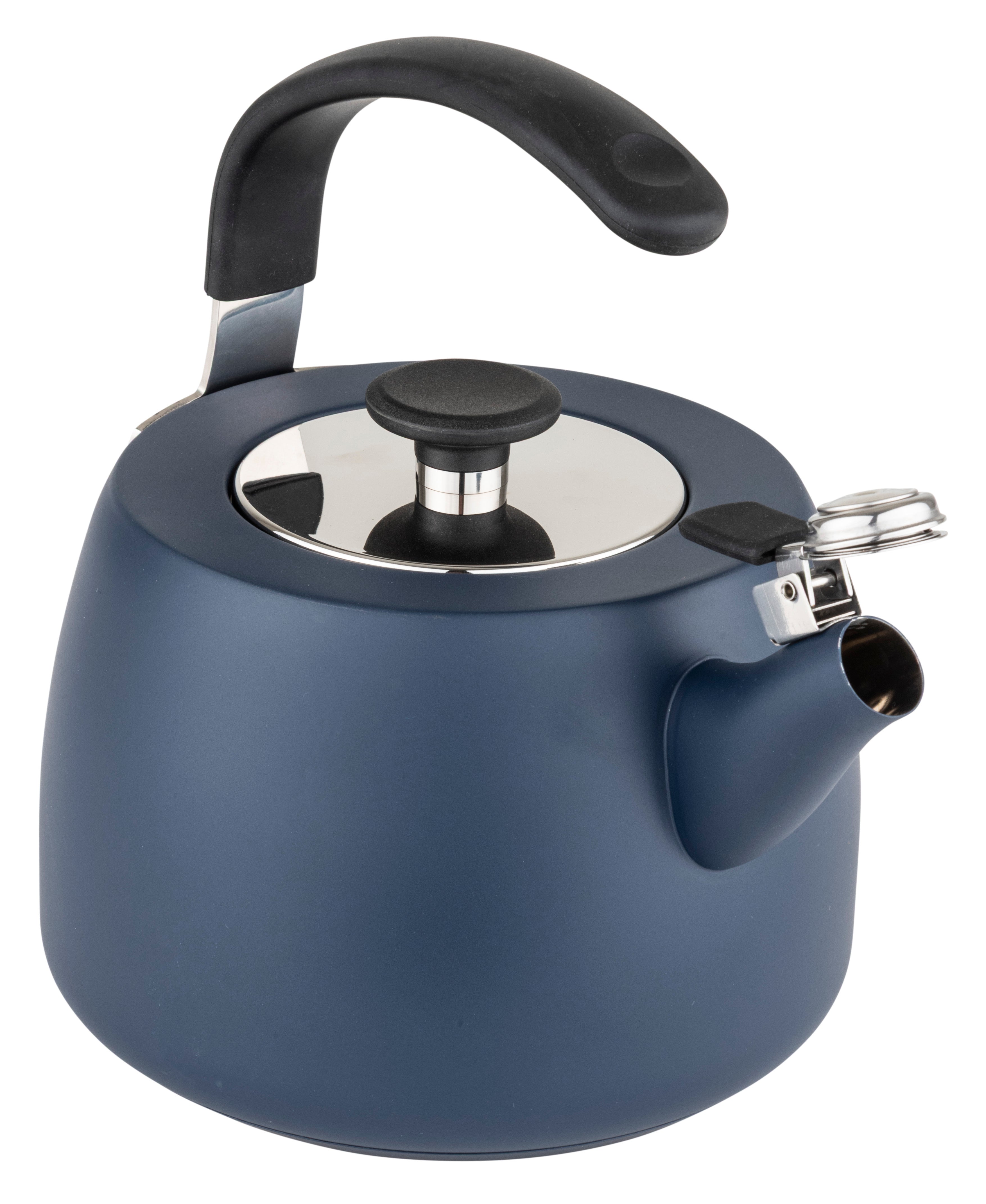 A Viking Culinary Products 2.6 qt stainless steel modern teakettle with a 3-ply base in slate blue is shown on a white background. The kettle features a black handle, a silver lid, and an open spout with a small lever attached to the spout cover.
