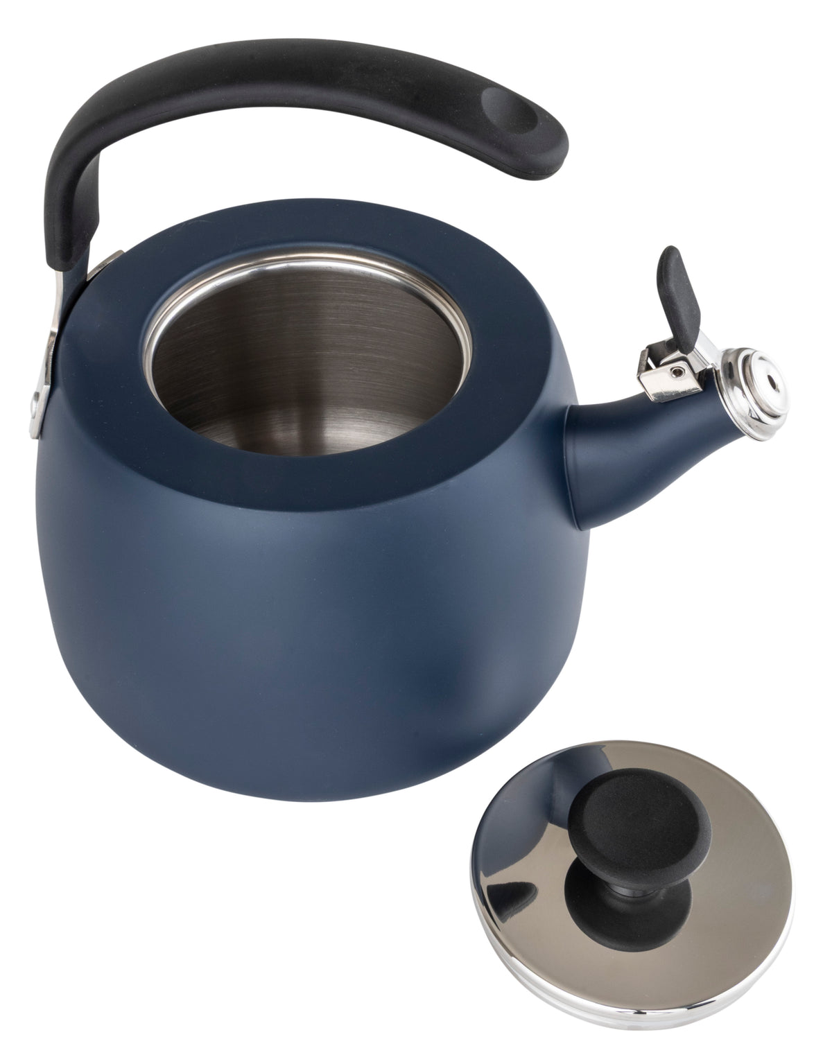 The Viking 2.6 Qt Stainless Steel Modern Teakettle with a 3-ply base, in slate blue by Viking Culinary Products, is pictured with its black handle and the lid removed and placed beside it.