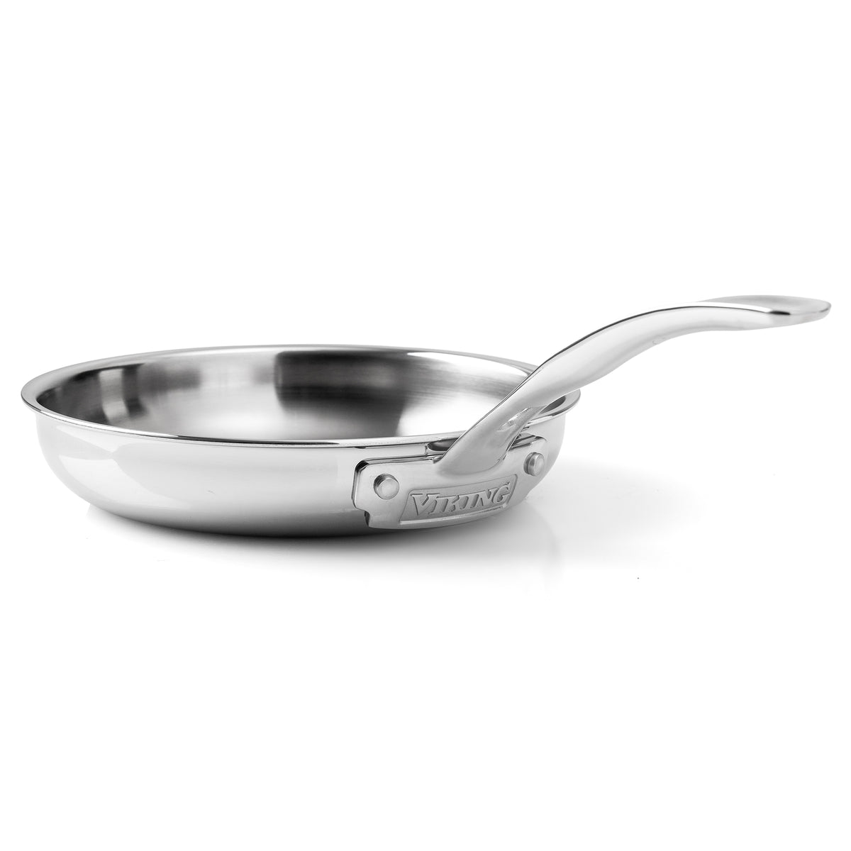 The Viking Artisan 3-Ply Stainless Steel 8-Inch Fry Pan by Viking Culinary Products features a curved handle with the brand name near it, is induction compatible, and shown on a white background.