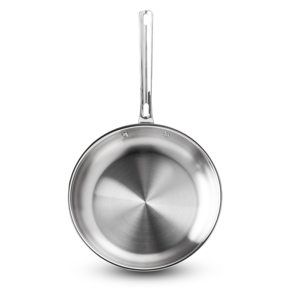 A top-down view of the Viking Artisan 3-Ply Stainless Steel 10-Inch Fry Pan by Viking Culinary Products, featuring a shiny finish and long handle, isolated on a white background.