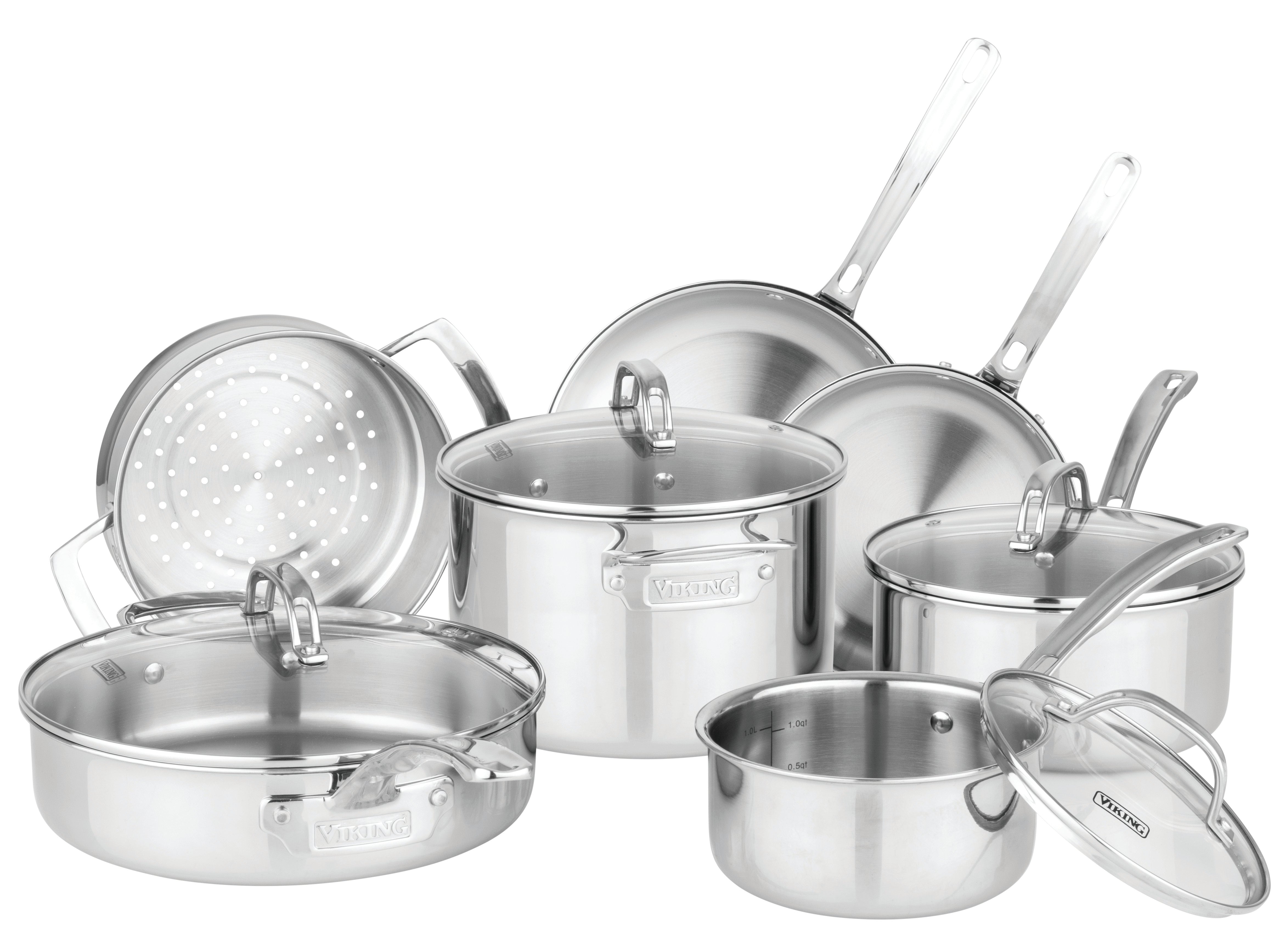 The Viking Culinary Products 3-ply Stainless Steel 11-Piece Cookware Set with Glass Lids features pots, pans, handles, and a steamer insert, all arranged on a white background. The Viking brand is visible on some oven-safe pieces.