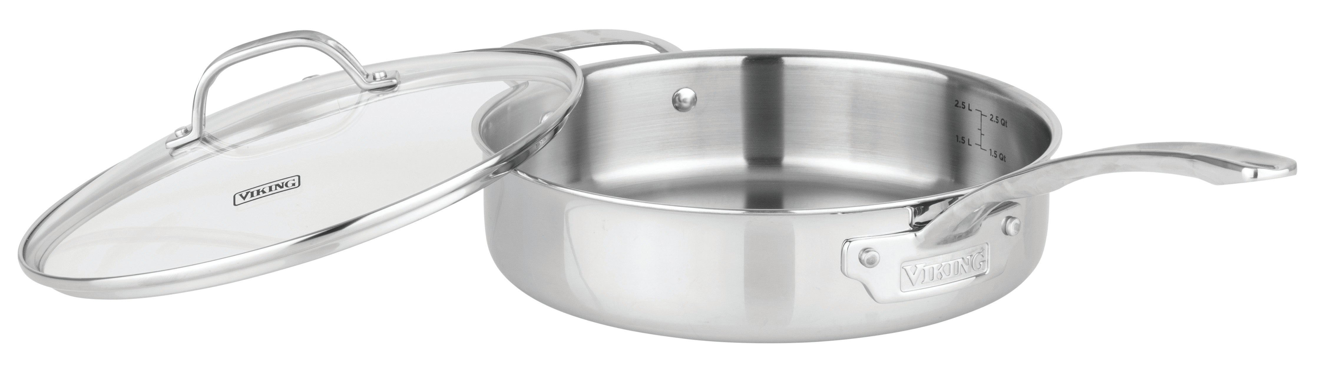The Viking Culinary Products Artisan 3-ply Stainless Steel 11-Piece Cookware Set with Glass Lids is shown, featuring a pan with a long handle, partial glass lid, interior measurement markings, induction compatibility, and a shiny finish.