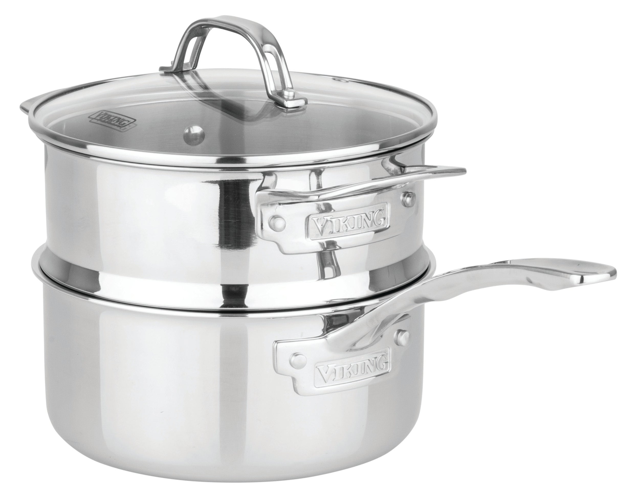 The Viking Artisan 3-ply Stainless Steel 11-Piece Cookware Set with Glass Lids by Viking Culinary Products features induction compatibility and the brand name on each piece for versatile kitchen use.
