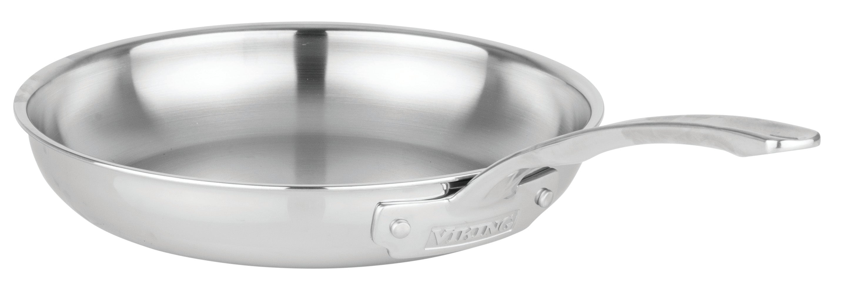 A sleek Viking Culinary Products frying pan from the Artisan 3-ply Stainless Steel 11-Piece Cookware Set features a shiny finish, curved handle with logo, is induction compatible and oven safe, and is shown clean on a white background.