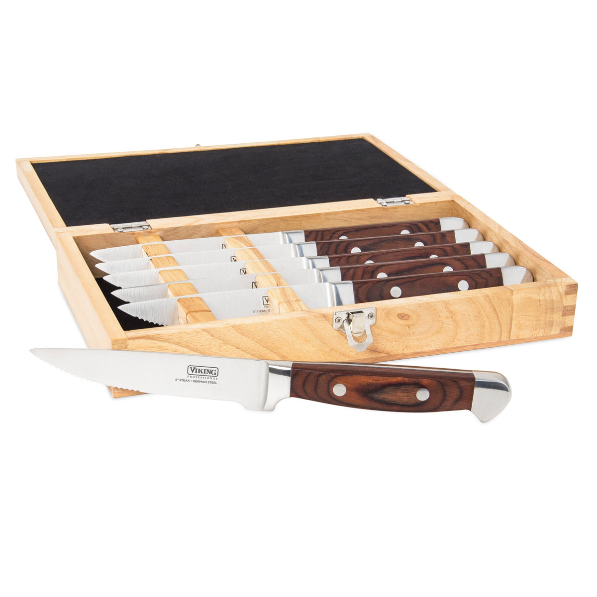 A wooden box with a hinged lid holds eight steak knives with stainless steel blades and polished wooden handles. One knife is placed in front of the box, showcasing its blade and handle.