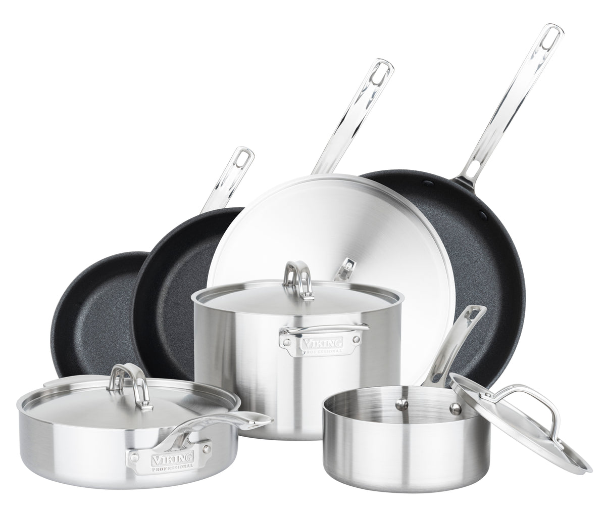 The Viking Culinary Products Professional 5-Ply 10-piece Cookware Set with Nonstick Skillets features three saucepans with lids and two frying pans, all upright with handles up, boasting a shiny, durable stainless steel finish.