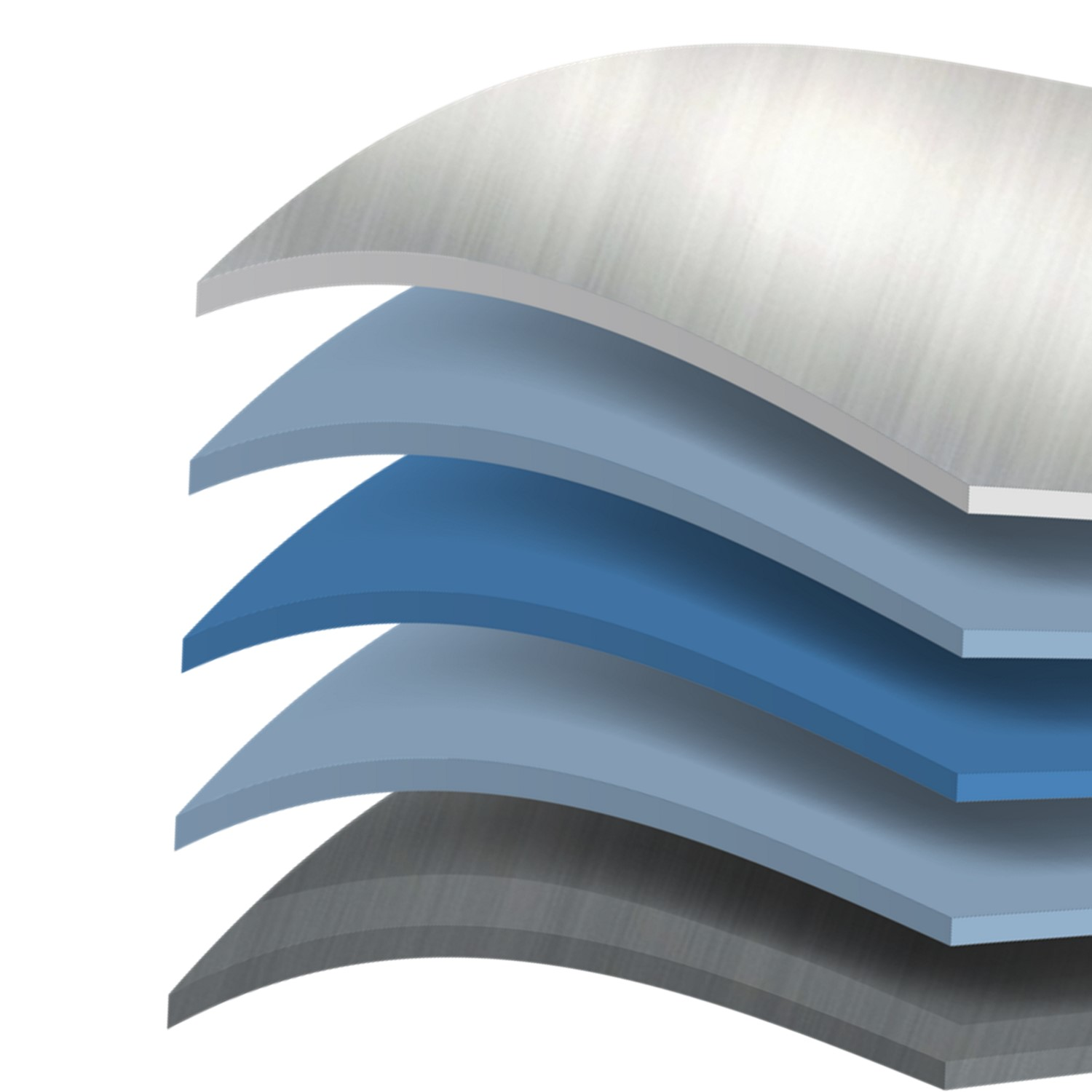 A digital illustration of five curved, layered sheets in various metallic and blue tones, stacked on top of each other, representing a cross-sectional view of a multi-layered material.