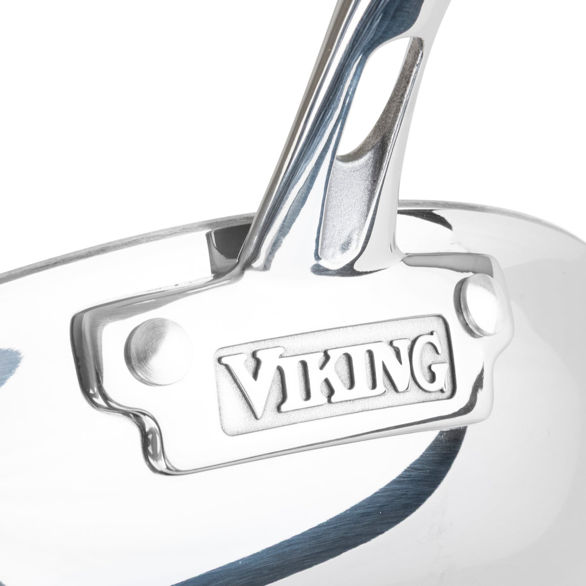 Close-up of the Viking Culinary Products logo embossed on the handle of a 12-inch 3-Ply Hybrid Plus Ceramic Nonstick Fry Pan, featuring an induction-capable, polished stainless steel finish.