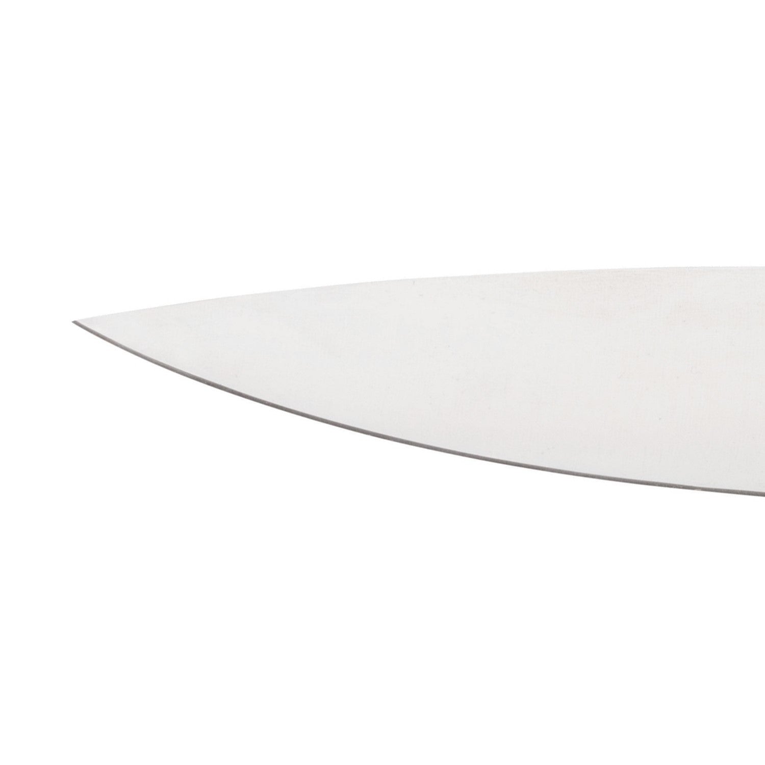 A close-up of the pointed tip of a stainless steel knife blade against a white background.