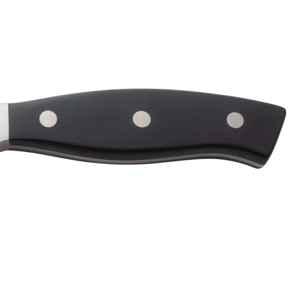 Close-up of a black kitchen knife handle with three silver rivets, shown against a white background. The blade is partially visible on the left side of the image.