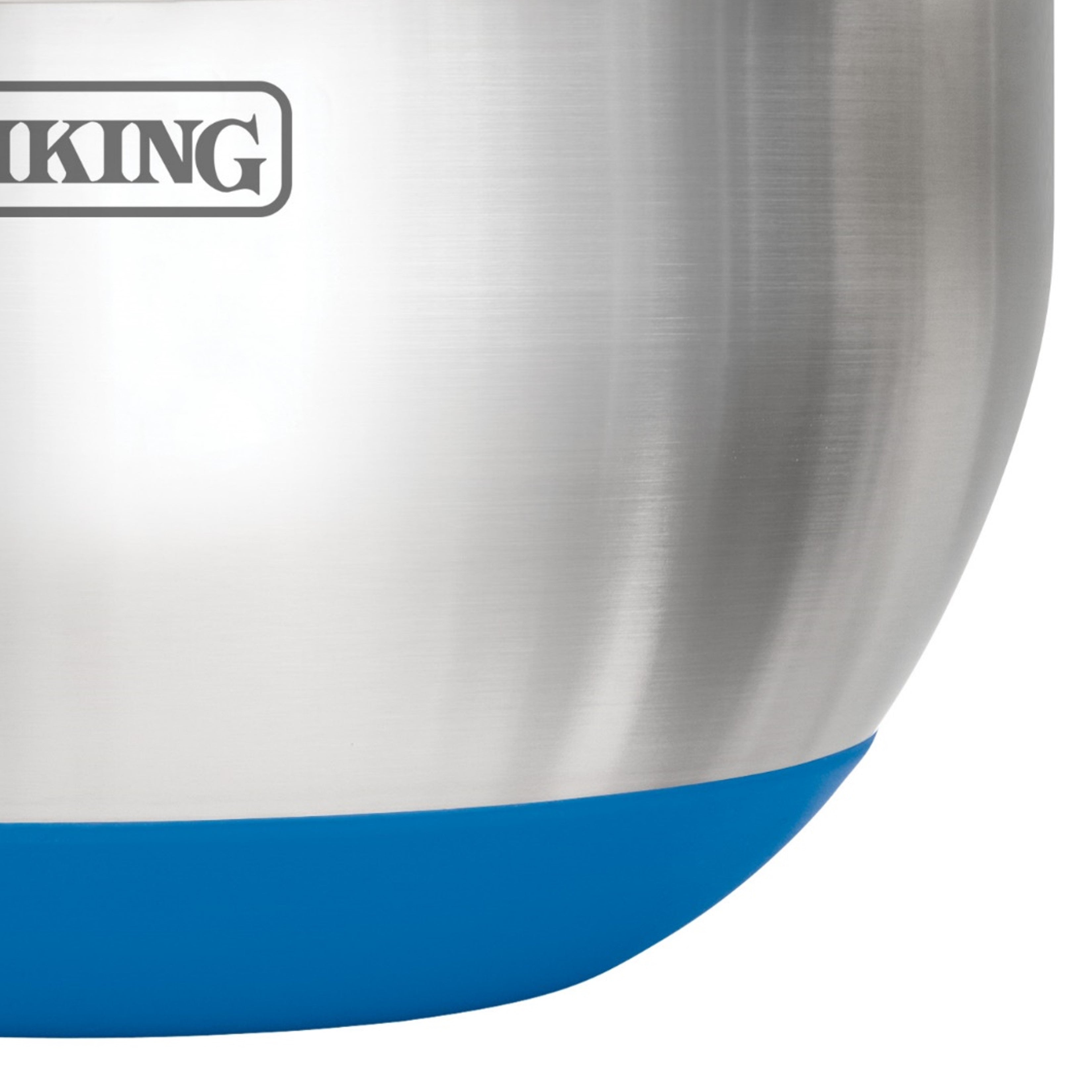 Close-up of a stainless steel mixing bowl with a blue non-slip base. The partial word VIKING is visible on the upper left side of the bowl.