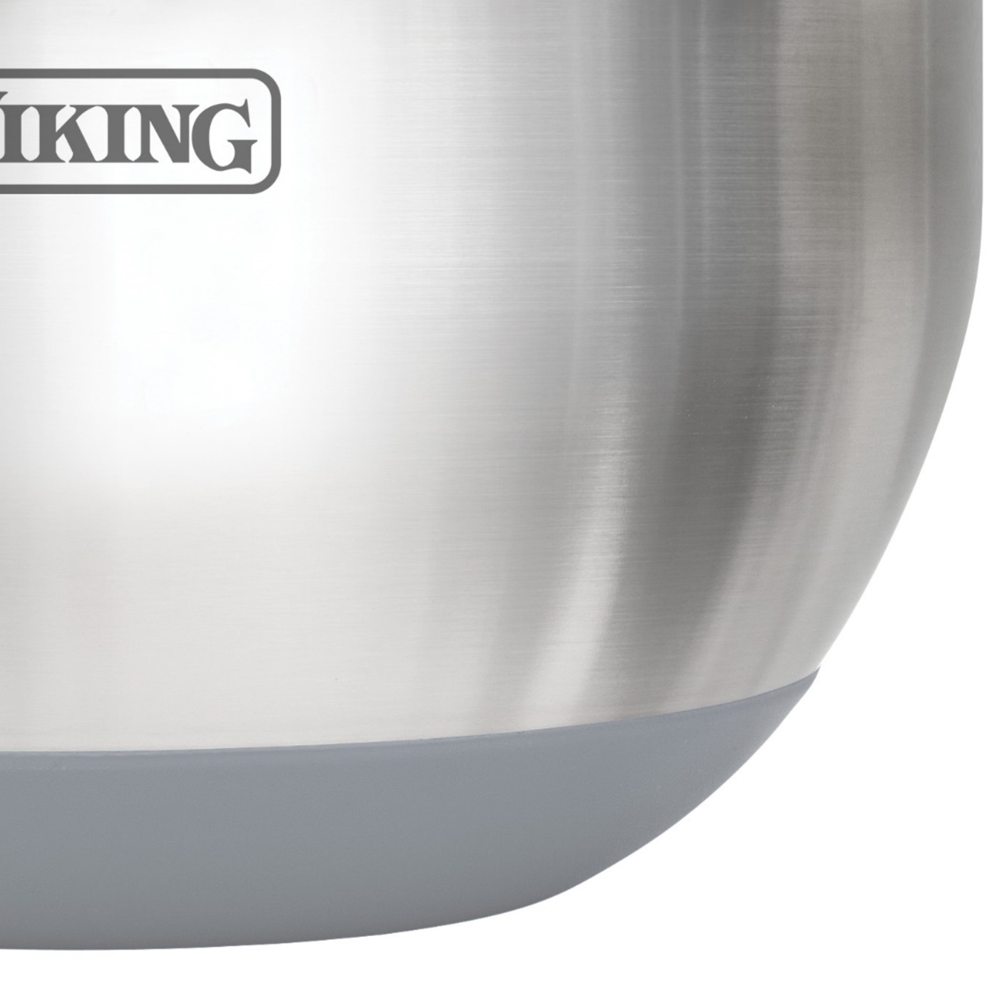 A close-up of a stainless steel bowl with the word VIKING partially visible near the top and a gray base at the bottom.