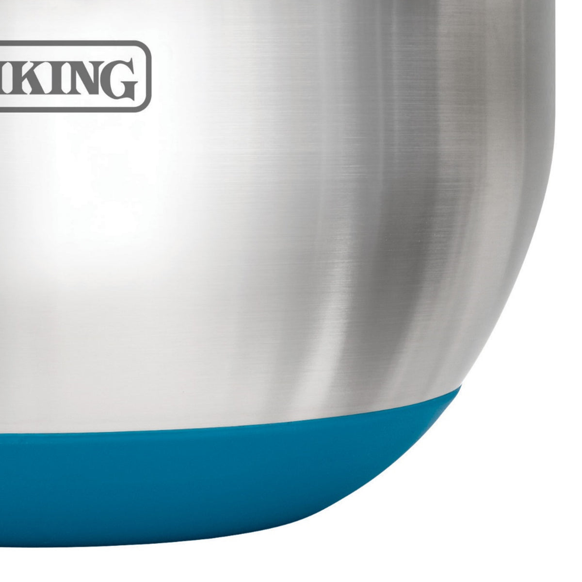 A close-up of a stainless steel mixing bowl with a blue non-slip base and part of a logo that reads KING visible near the top left.
