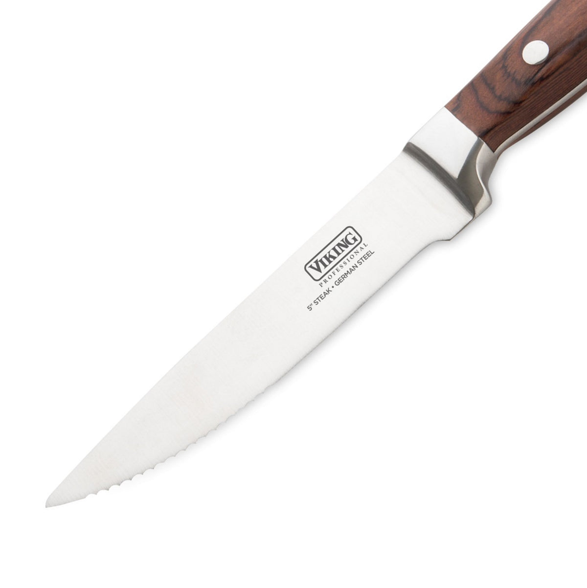 A stainless steel Viking steak knife with a serrated blade and a wooden handle, shown on a white background.