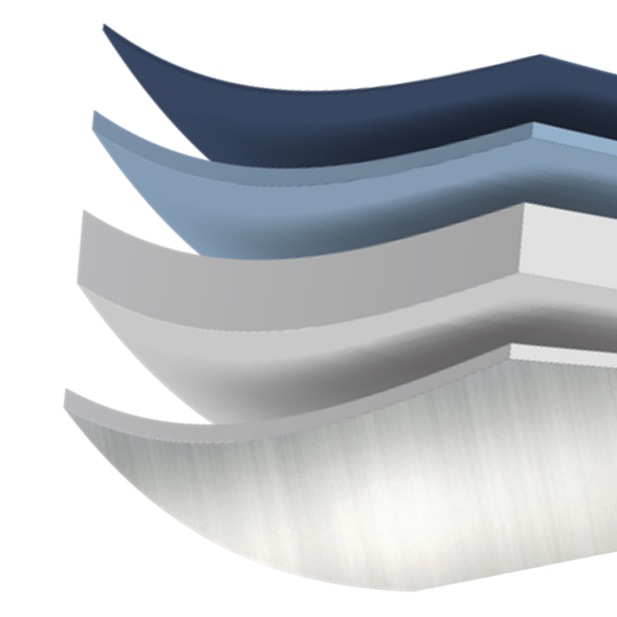 Four curved, overlapping layers in descending shades of blue, gray, and white, illustrating a cross-section or layered structure on a plain white background.