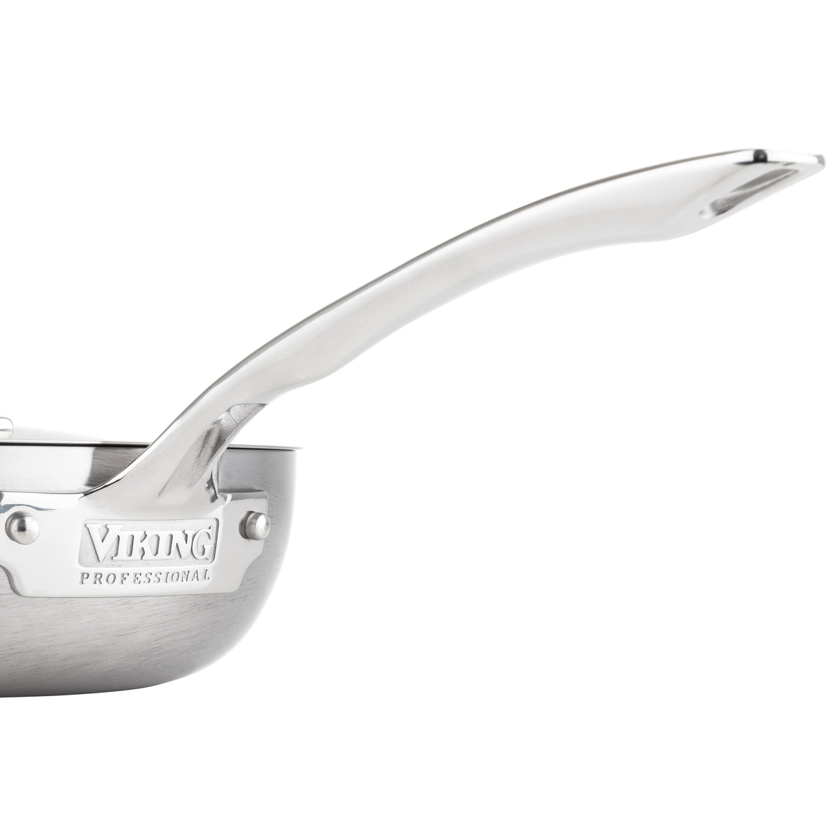Close-up of a stainless steel saucepan with a long, curved handle and the brand name Viking Professional engraved on the side. The pan has a brushed metal finish.