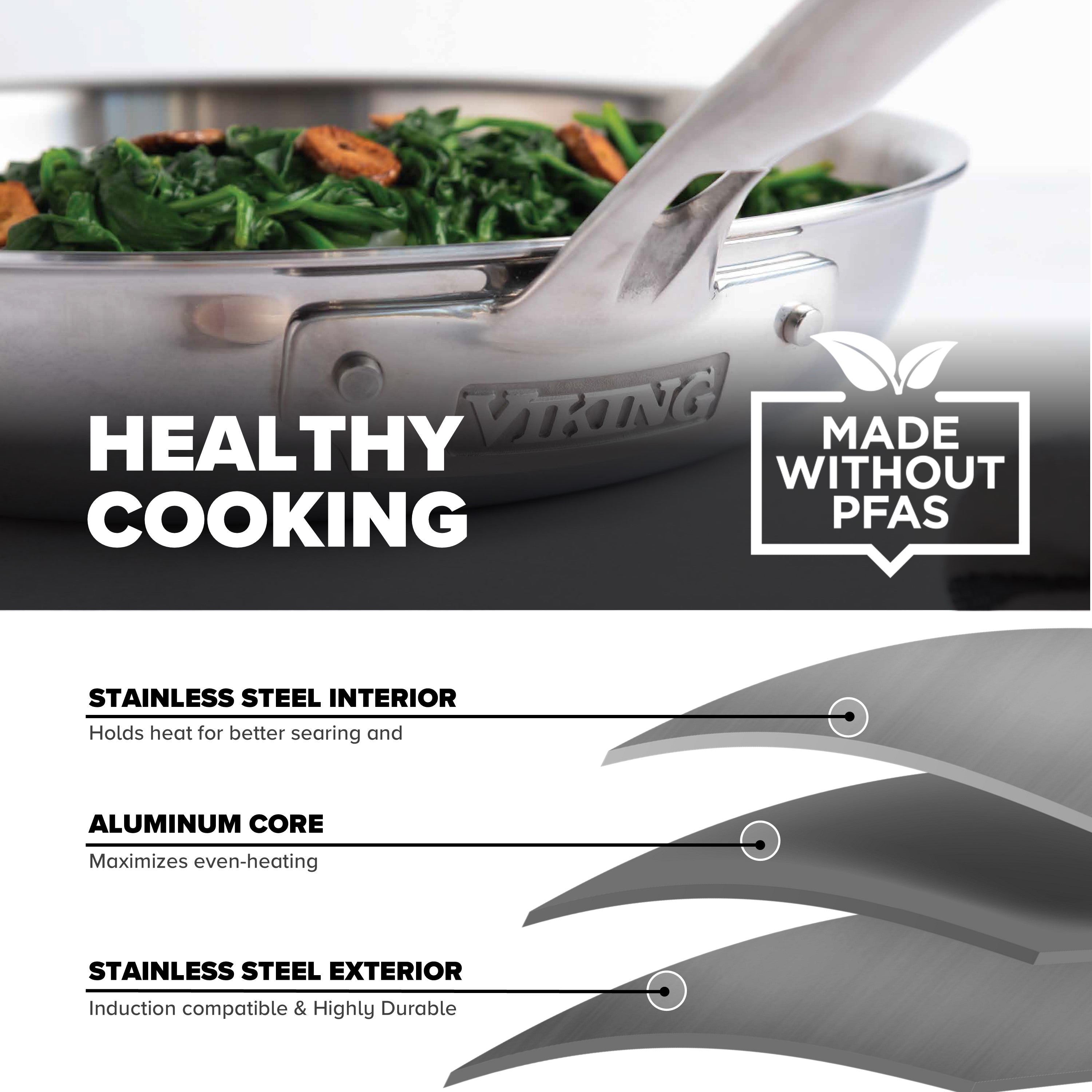 A Viking Artisan 3-Ply Stainless Steel 10-Inch Fry Pan from Viking Culinary Products with sautéed greens sits on the stove. Text highlights Healthy Cooking, Made Without PFAS, stainless steel interior, aluminum core, and induction compatibility.