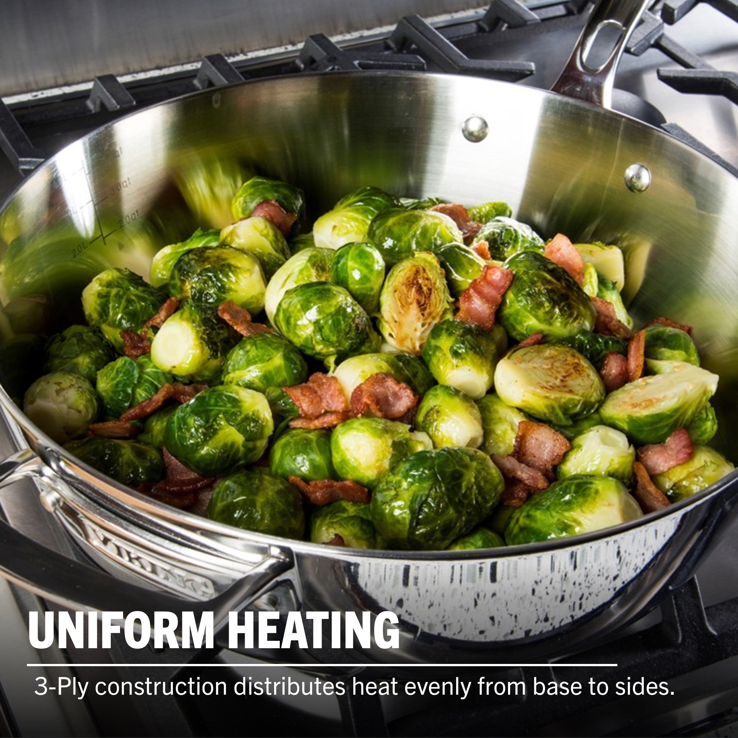 A Viking Culinary 3-Ply 4.8-Quart Sauté Pan with Glass Lid sits on a stovetop with Brussels sprouts and bacon. Text: “Uniform Heating—3-Ply construction delivers even heat from base to sides.” Induction compatible stainless steel.
