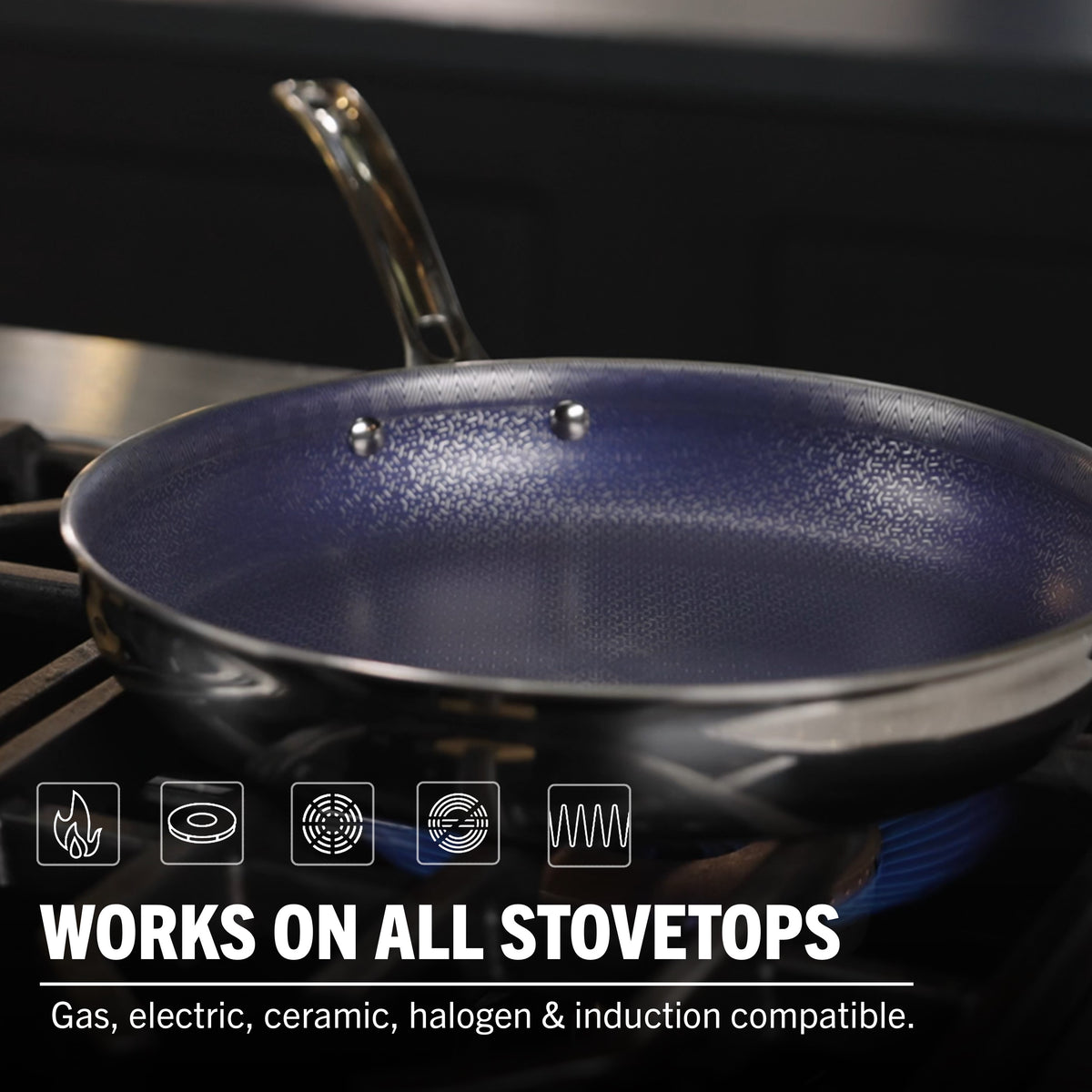The Viking Culinary Products 3-Ply Hybrid Plus Ceramic 8-inch Nonstick Fry Pan sits on a stovetop. Icons and text below show that it works on all stovetops: gas, electric, ceramic, halogen, and induction.
