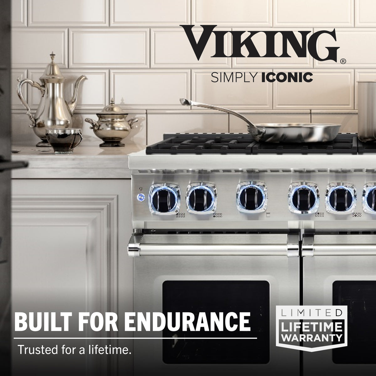 A Viking 3-Ply Hybrid Plus Ceramic 8-inch Nonstick Fry Pan by Viking Culinary Products shines in a stylish kitchen. Silver teapots and cups are on the counter. Text reads: “Simply Iconic. Nonstick. Built for Endurance. Trusted for a lifetime.”.