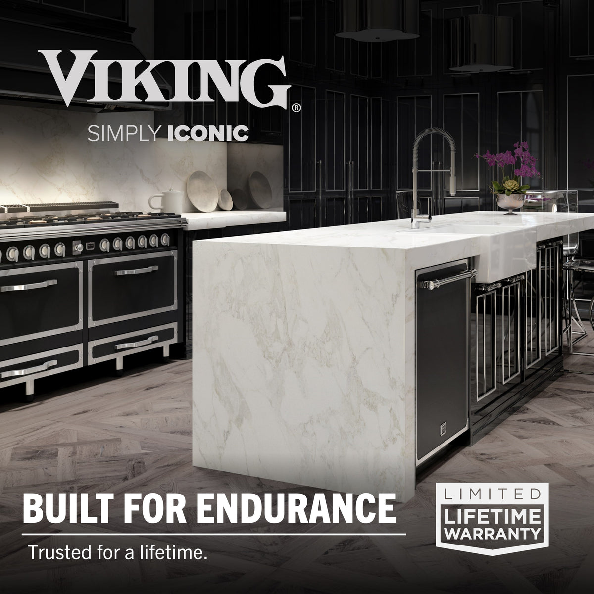 A luxurious modern kitchen featuring the Viking Contemporary 3-Ply 5.2-Quart Dutch Oven with Glass Lid by Viking Culinary Products. Induction compatible stainless steel, limited lifetime warranty. Text: Viking Simply Iconic. Built for Endurance.