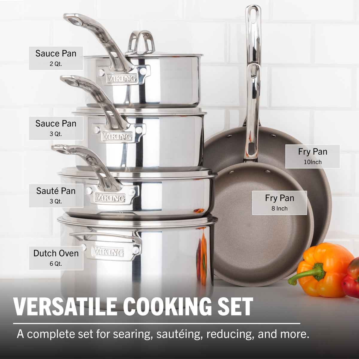 The Viking PureGlide Pro 3-Ply 10-Piece Cookware Set by Viking Culinary Products features stainless steel and chemical-free nonstick surfaces. The labeled sauce pans, sauté pan, Dutch oven, and fry pans are displayed beside vibrant bell peppers.