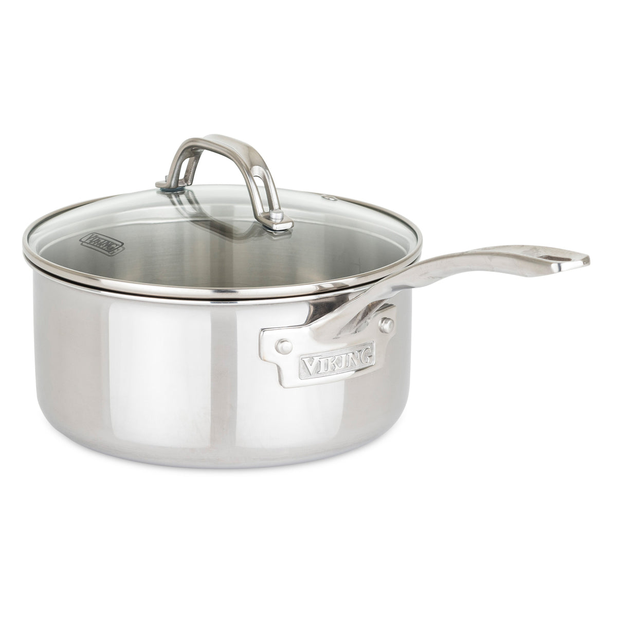 The Viking Culinary Products 3-Ply Stainless Steel 17-Piece Cookware Set with Glass Lids features long handles with Viking Stay-Cool technology, branded metal plates, and 3-ply construction for even heating.